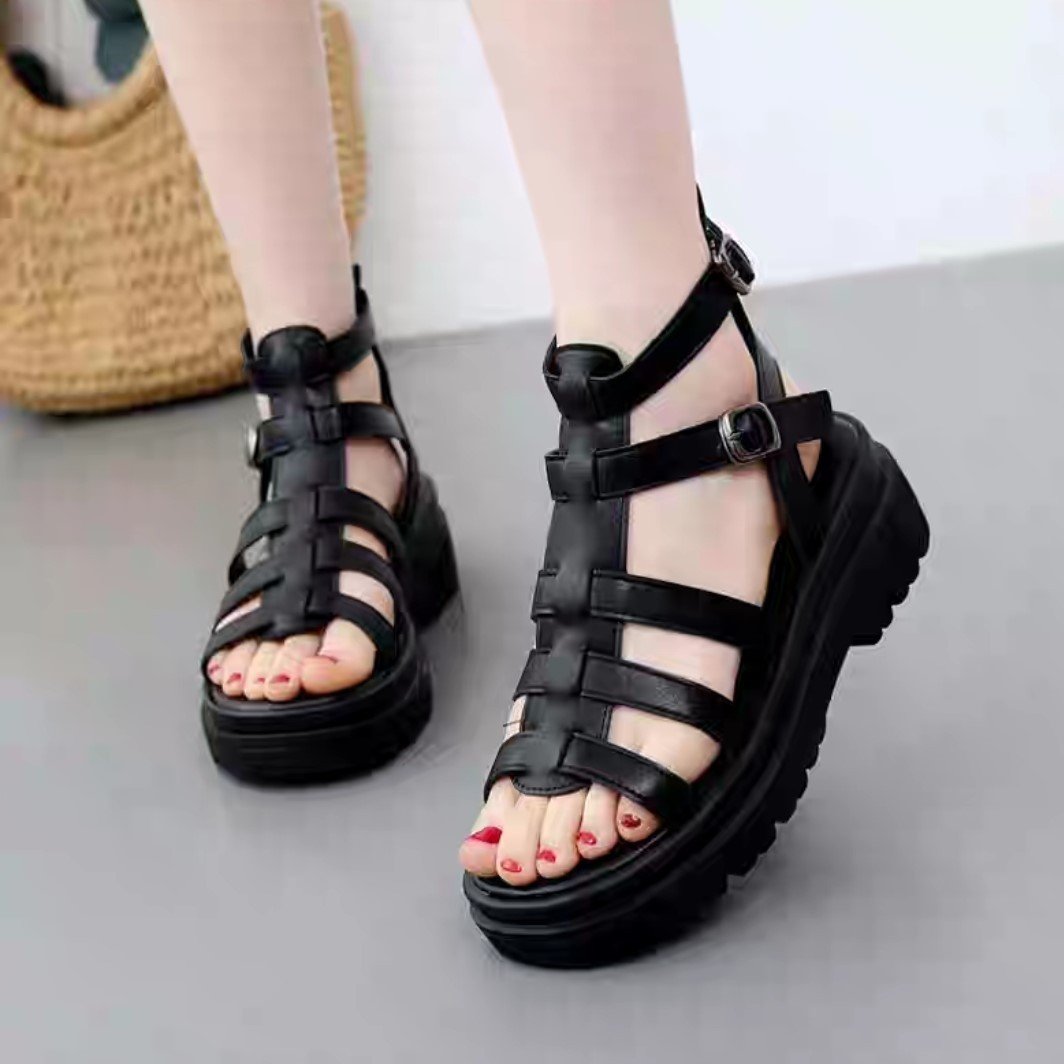 Xăng đan nữ thời trang quai rọ cổ cao, đế PU 5p lên form xuất sắc