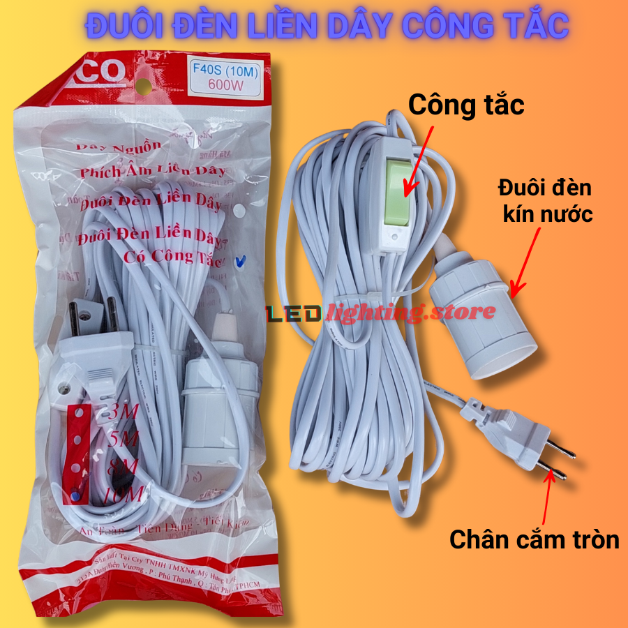 DÂY ĐUÔI ĐÈN E27 CÓ CÔNG TẮC - DÂY DÀI 3m - 5m - 8m - 10m - chống nước dùng được ngoài trời