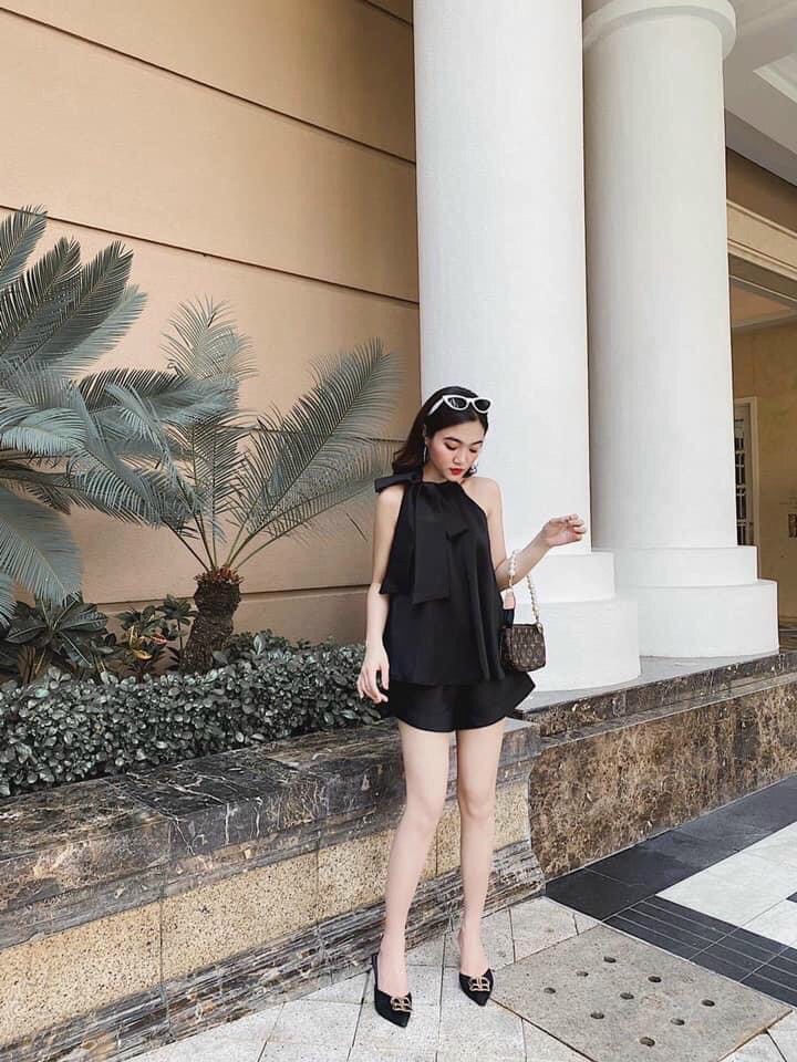 [HCM-CHUYÊN SỈ & LẺ THỜI TRANG] set bộ yếm voan thắt nơ to ở cổ áo kiểu chữ A xinh xắn
