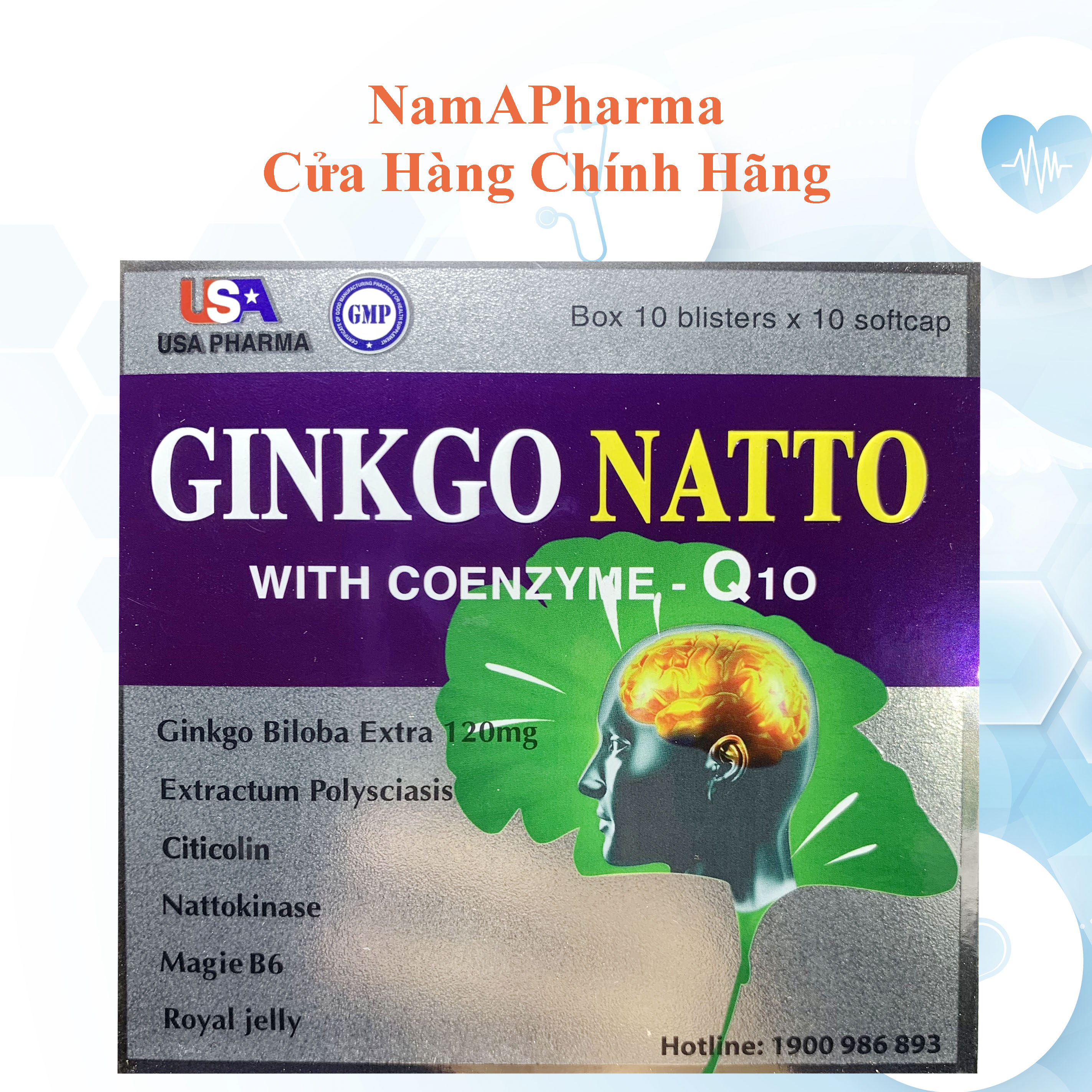 Viên Uống Bổ não Ginkgo Natto with Coenzyme Q10 - Tăng cường tuần hoàn, lưu thông, hỗ trợ làm giảm tai biến mạch máu não -  hộp 100 viên