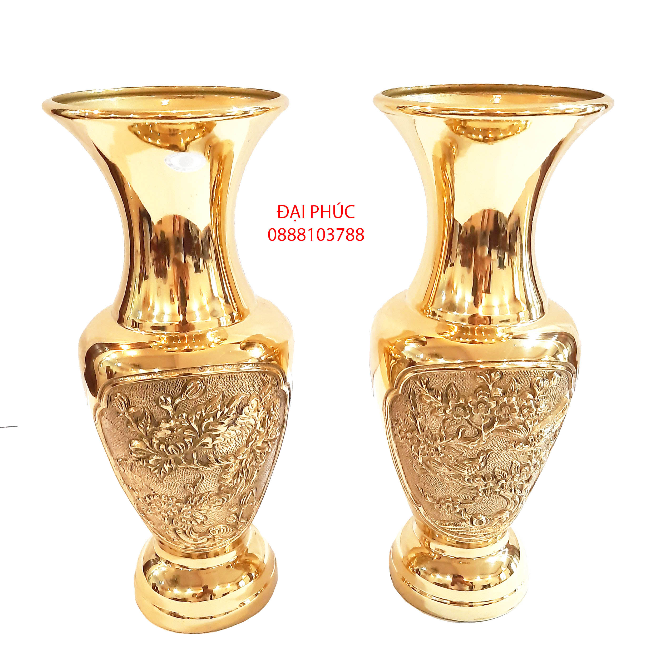 Đôi Lọ hoa Lộc Bình mai đào bằng đồng cao 30 cm màu vàng sáng bóng