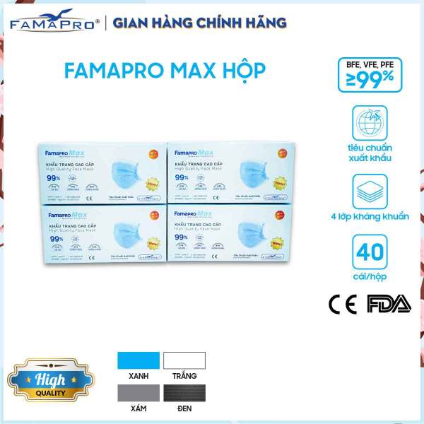 Combo 4 hộp khẩu trang y tế cao cấp 4 lớp Famapro Max kháng khuẩn (40 cái / Hộp) cao cấp