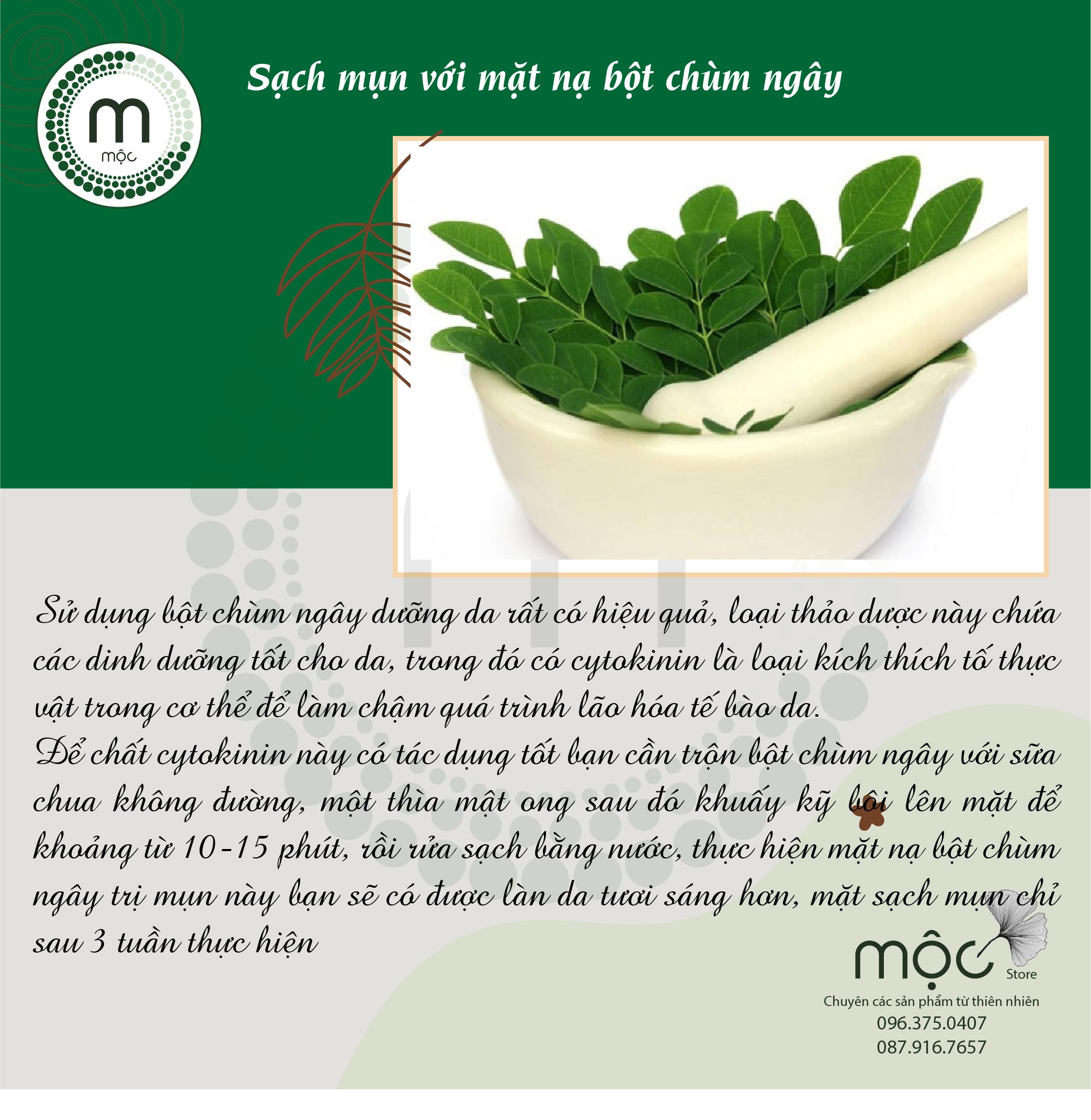 Bột Chùm Ngây nguyên chất MỘC - đắp mặt nạ giảm mụn trắng da mờ thâm tăng cường collagen chống lão hóa túi dùng thử 10g và chai 100ml
