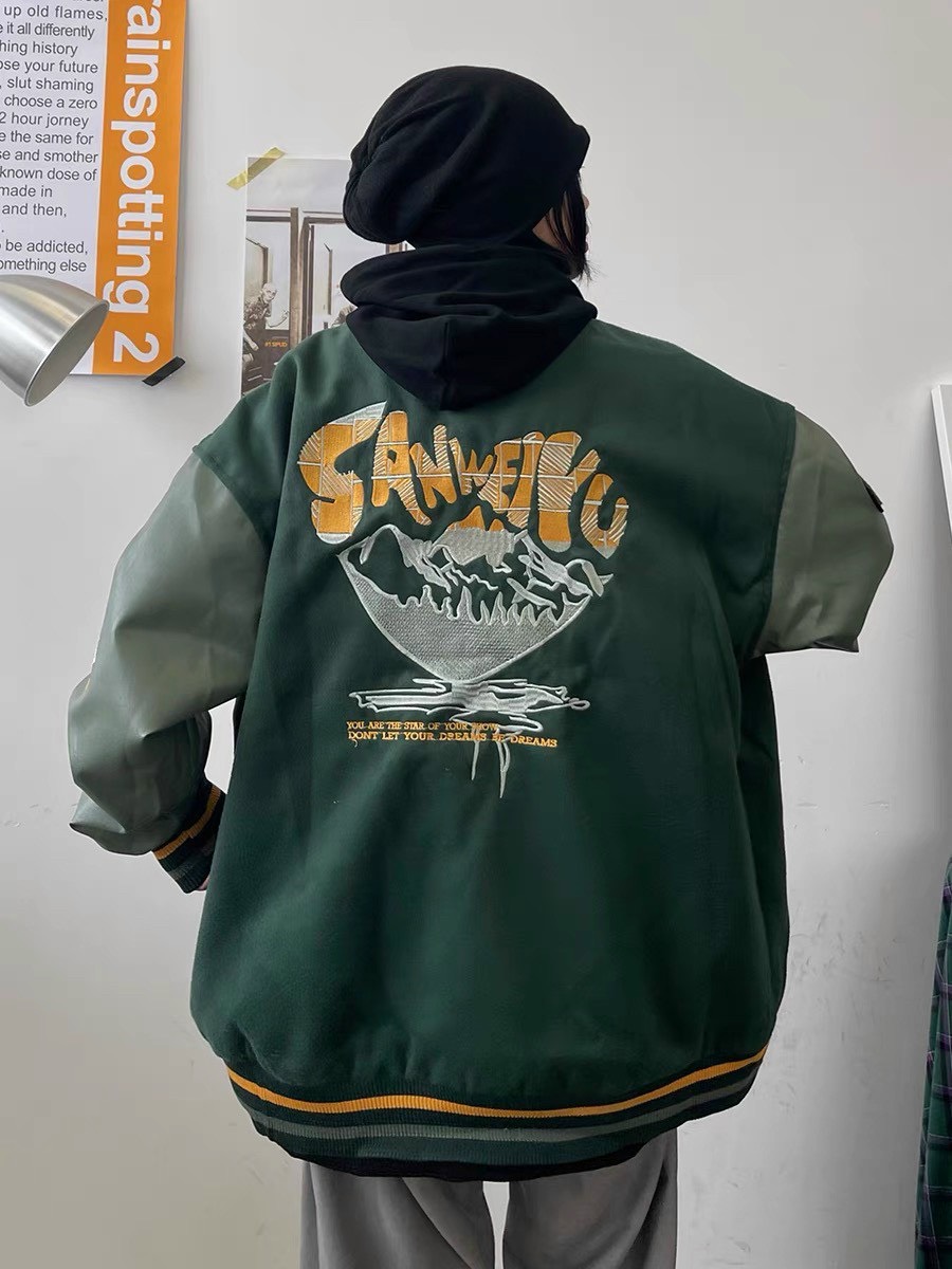 Áo Khoác Bomber Varsity Kaki Xanh Lá Phối Tay Da Hình Thêu Unisex Nam Nữ