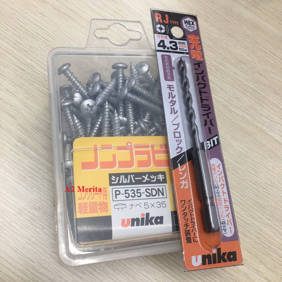 Combo Vít bê tông 5mm đầu dù P535 & Mũi khoan tường 4.3mm đuôi lục giác Unika (Không cần tắc kê nhựa)
