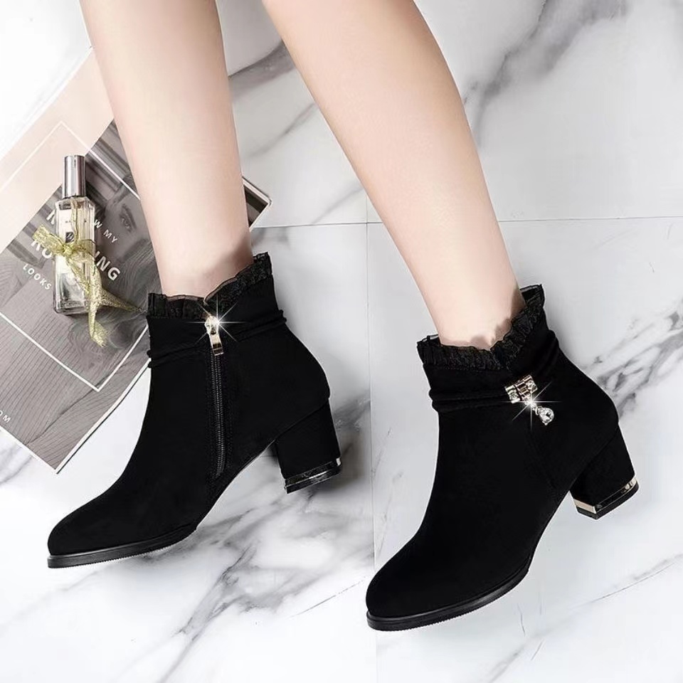 *Giày boot cổ thấp gót dày thời trang thu đông cá tính cho nữ