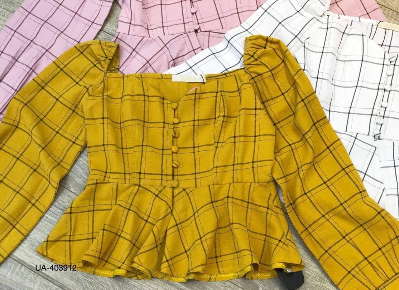Áo kiểu nữ tay phồng dáng xòe peplum nhấn eo