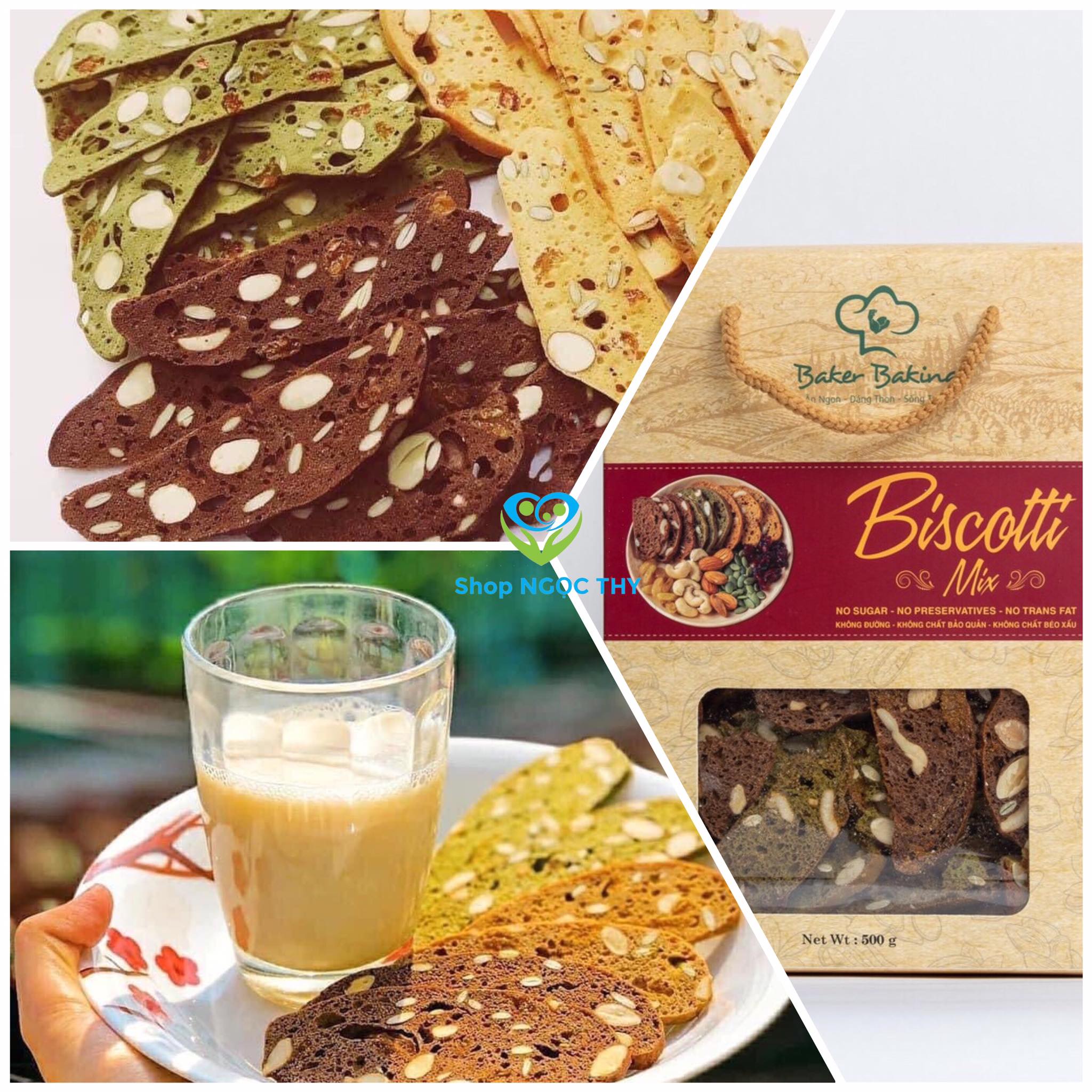 [HCM][Baker Baking] Bánh ăn kiêng BISCOTTI mix 3 vị (vanilla matcha cacao) bánh ngũ cốc nguyên cám ít calo giảm cân