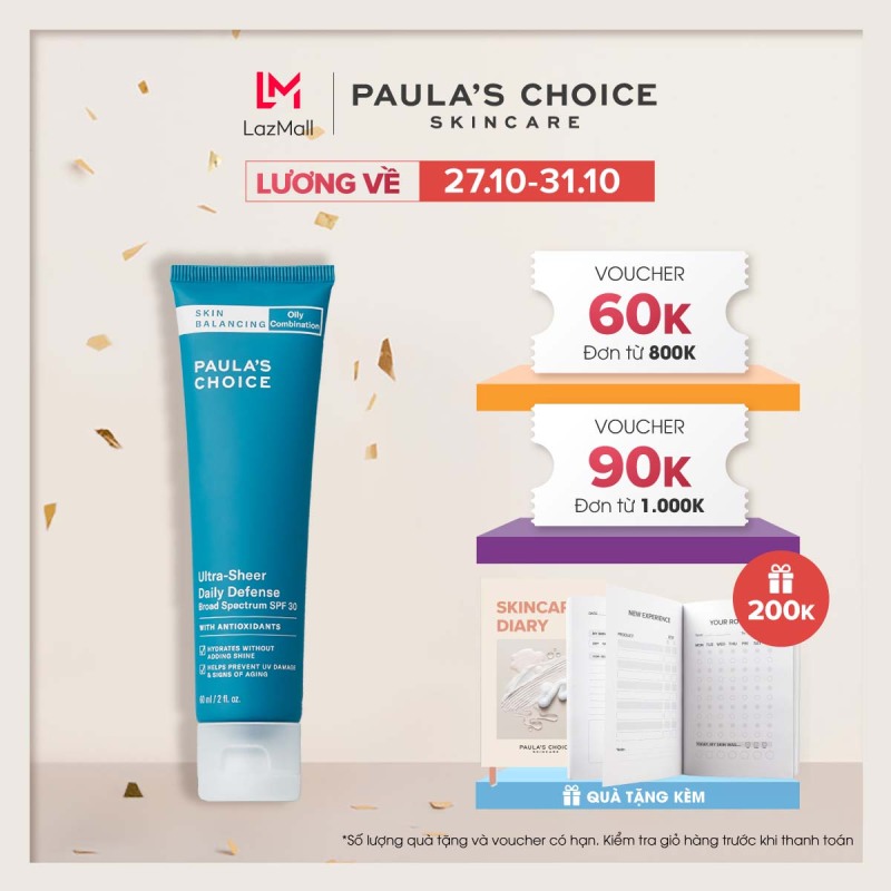 Kem chống nắng kèm dưỡng Bảo Vệ Và Cân Bằng tiết dầu  Paula’s Choice Skin Balancing Ultra - Sheer Daily Defence SPF 30 - 60ml 1560