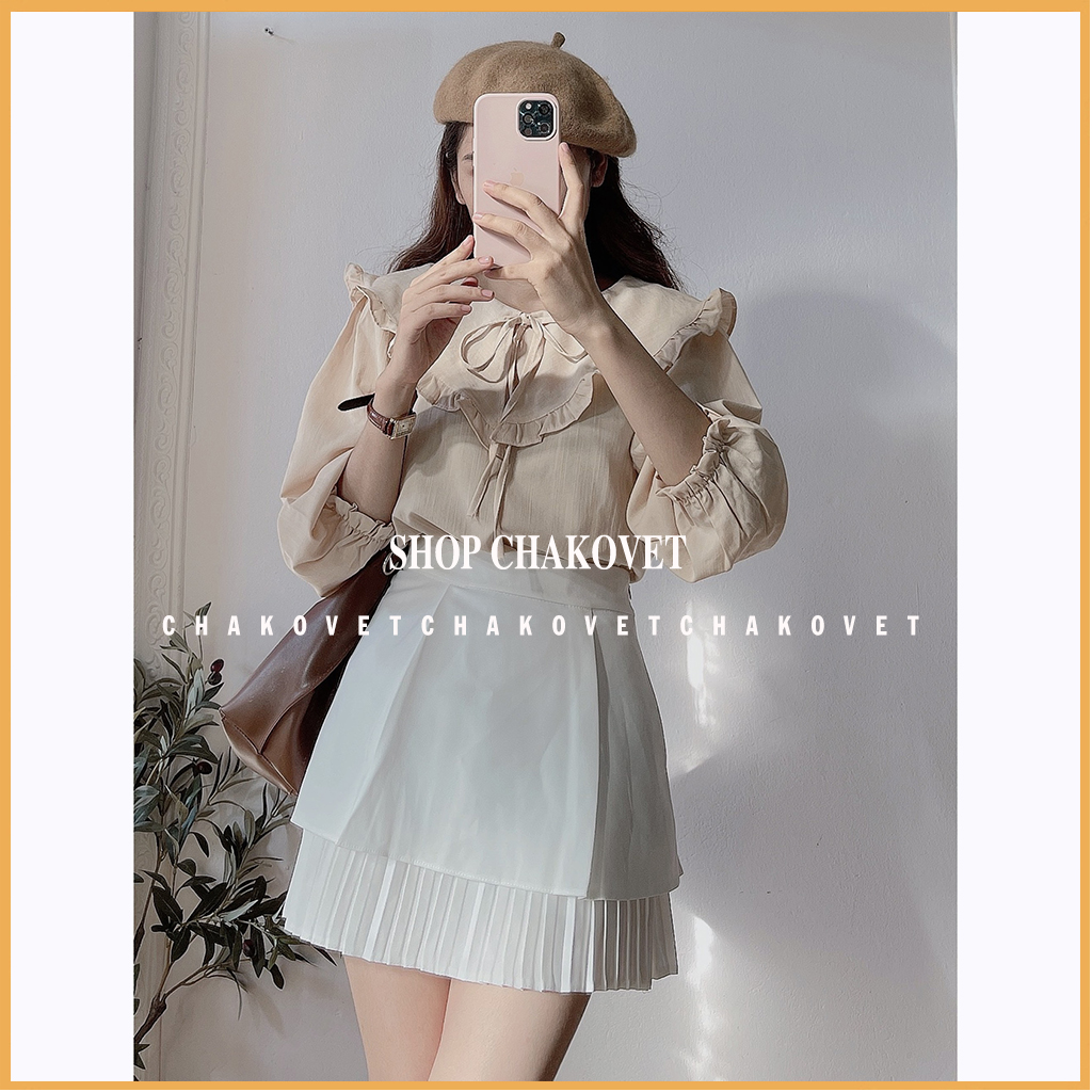 Áo kiểu nữ hàn quốc bánh bèo CKA.880, sơ mi nữ tay lỡ cổ bèo buộc nơ tay bo chun thích hơp mặc đi làm đi học