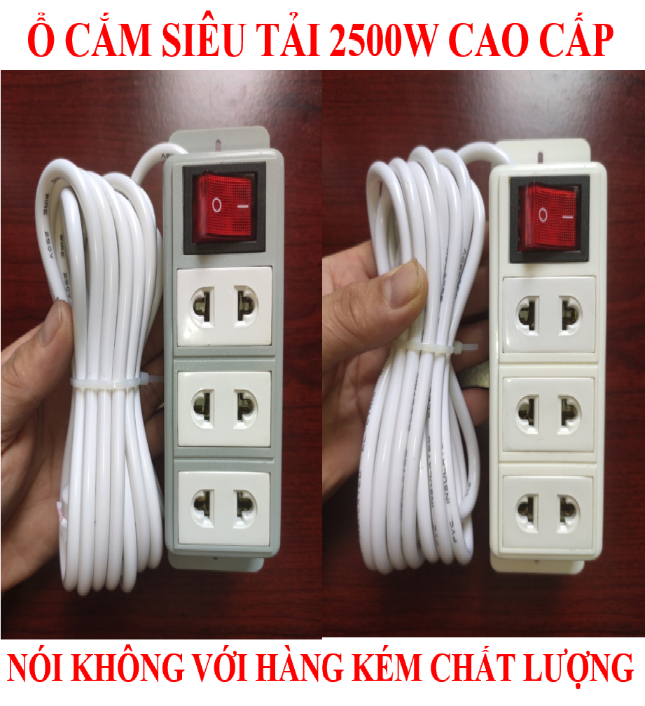 Ổ cắm dài SIÊU TẢI 2000W + BH 02 năm + Dây dài 03 Mét + 01 Công tắc nguồn + 01 Đèn LED Báo + 03 Ổ cắm lò xo nhíp chống giãn (bộ 01 sản phẩm)