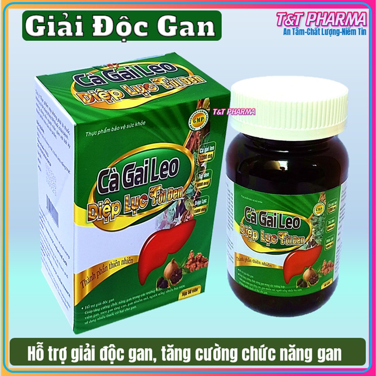 Viên Uống Bổ gan Cà Gai Leo Diệp Lục  Tỏi Đen Với Thành Phần Cà Gai Leo 2400mg, Diệp Lục 15000mcg, Giúp Giải Độc Gan, Hạ Men Gan