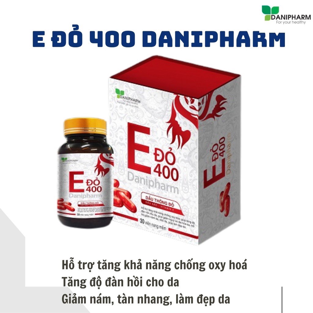 Vitamin E đỏ 400mg DANIPHARM, dưỡng da ổn định nội tiết cho phụ nữ (lọ 30 viên)
