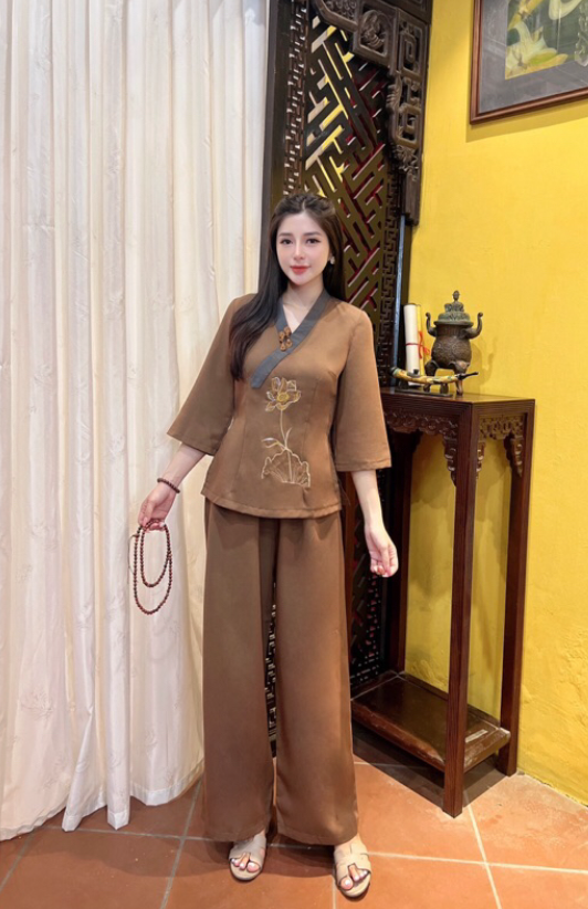 Pháp phục đi chùa đi lễ thêu sen cổ Y