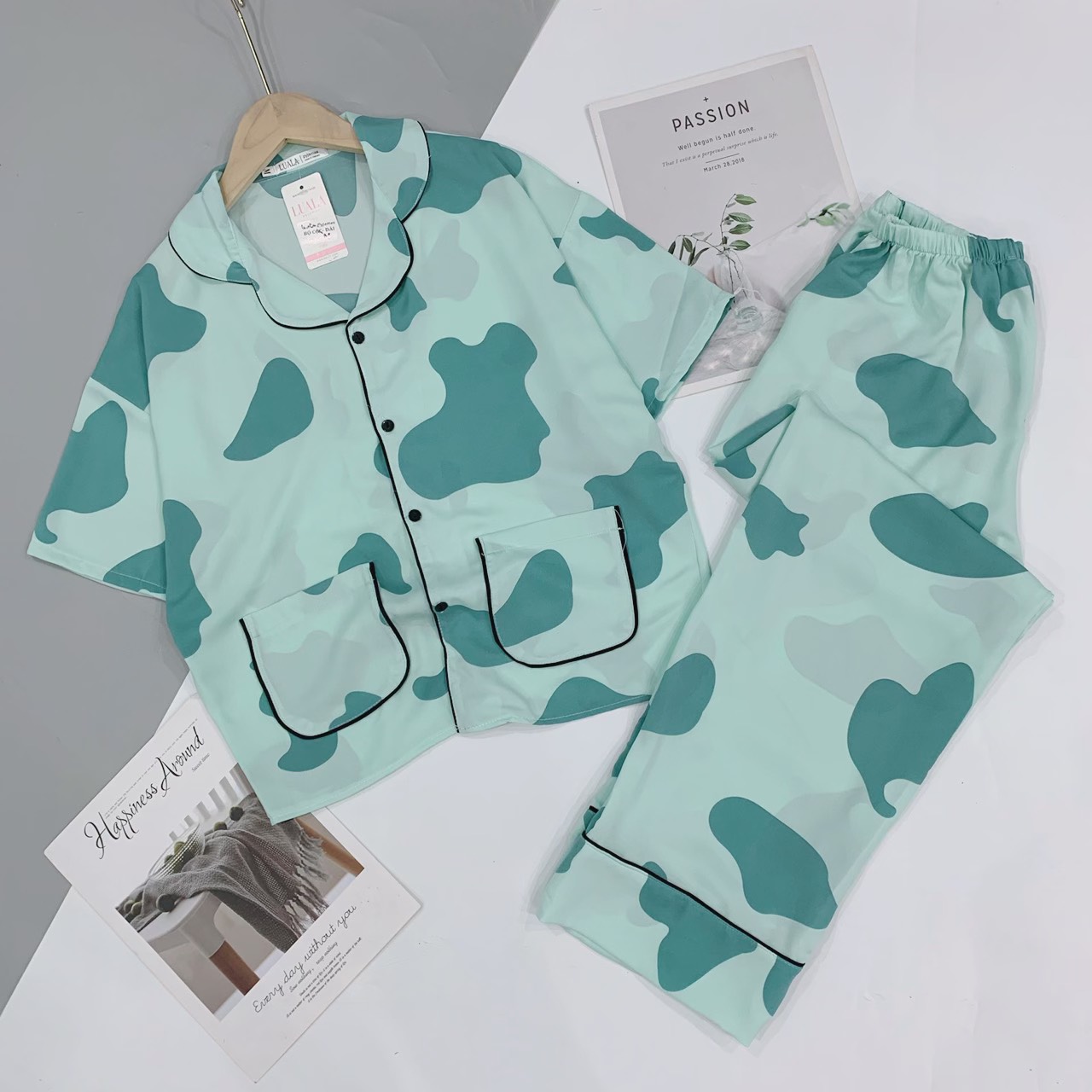 Bộ Pijama Lụa Satin / Mango Phối Hàn - Bộ Mặc Nhà Cộc Dài
