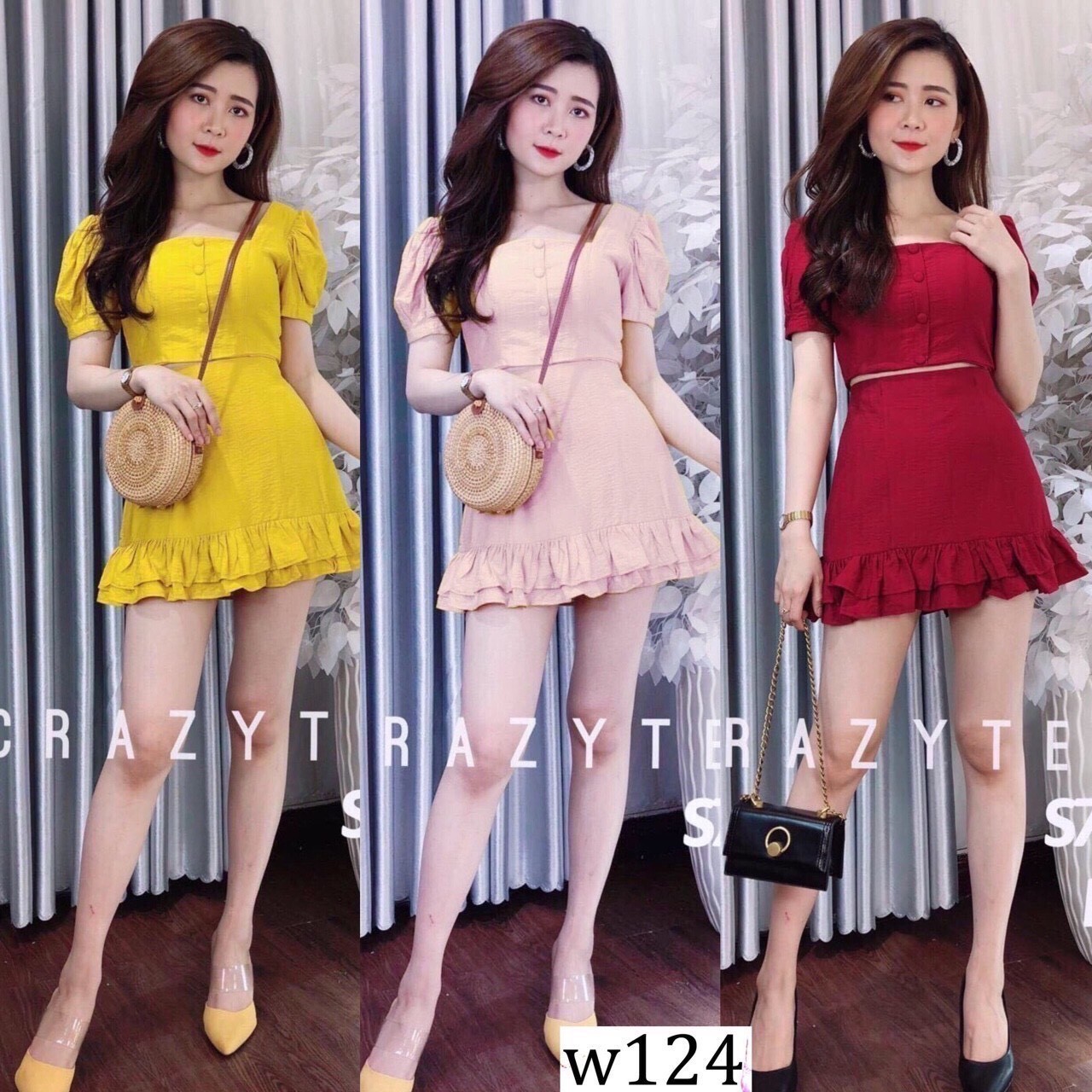 Set Áo Cổ Vuông Đính Nút Váy Đuôi Cá