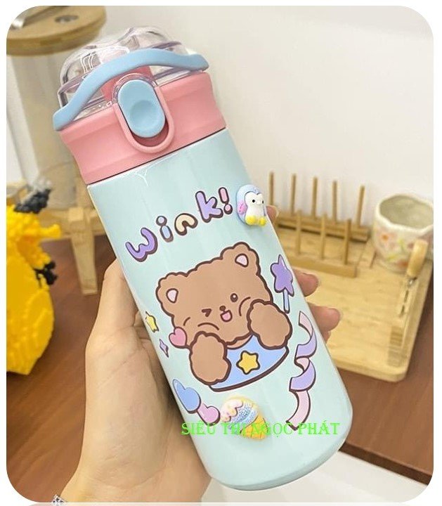 Bình Giữ Nhiệt Gấu HLX_500ML + Ống Hút + Ticker