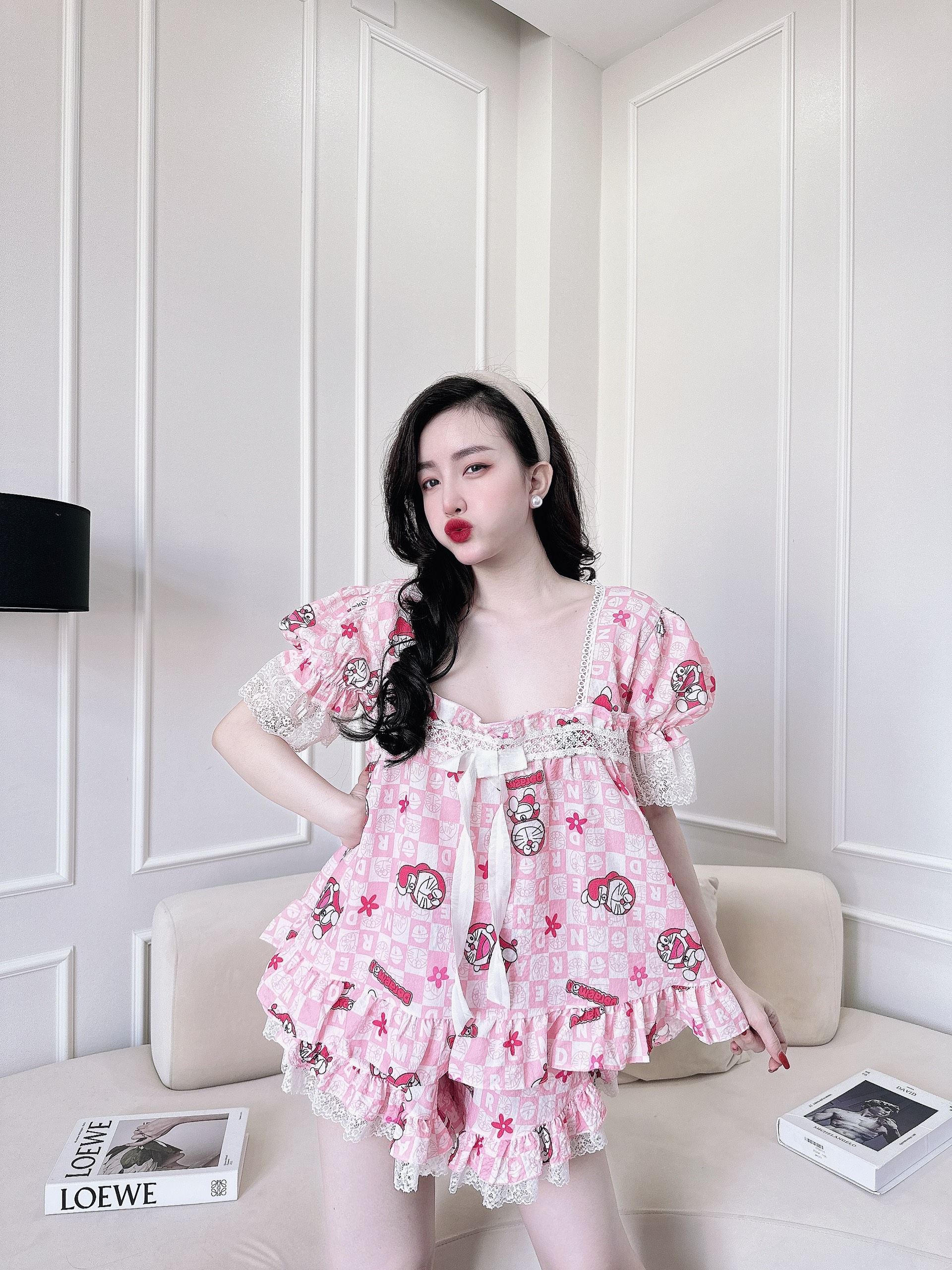 Đồ bộ bigsize 60-80kg - đồ ngủ cộc đùi cổ tròn phối quần phối ren tiểu thư chất liệu đũi xốp mềm meoz store