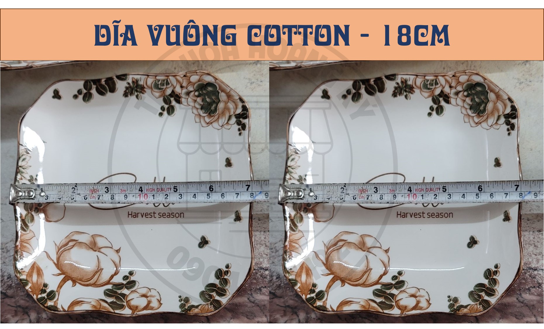 DĨA VUÔNG GỐM SỨ HOA VĂN COTTON 18CM ( CỠ 8)