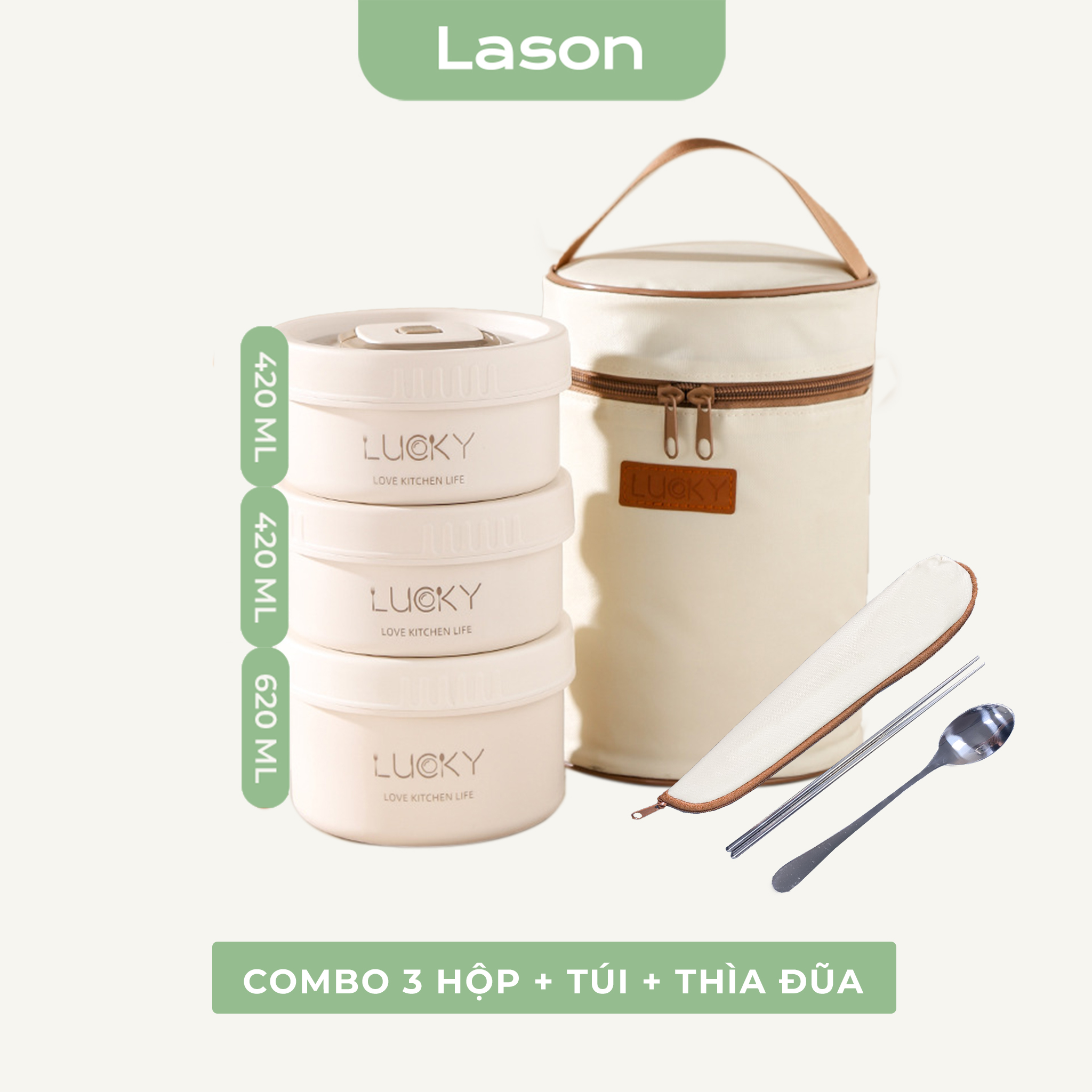 Combo bộ hộp cơm giữ nhiệt & túi đựng & bộ thìa đũa lucky giữ nhiệt 9 tiếng đựng cơm đựng rau đựng thịt chất liệu inox
