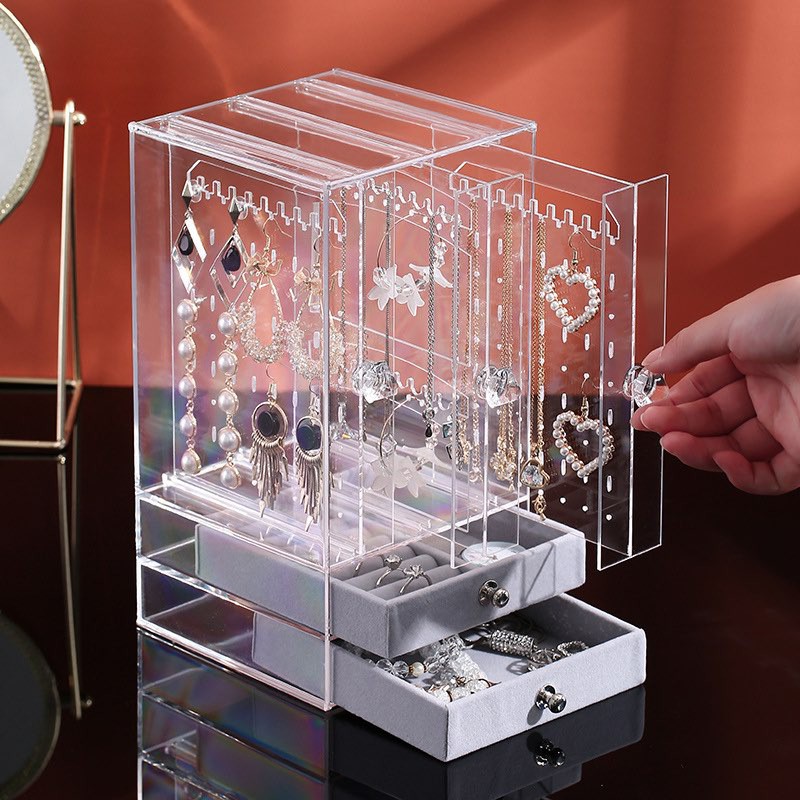 Hộp Kệ Treo Khuyên Tai - Trang Sức kèm ngăn kéo nhung tiện lợi