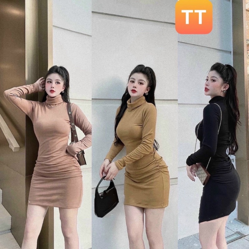 Đầm body cổ cao tay dài chất gân