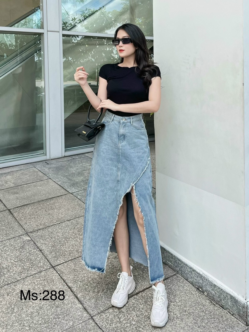 Chân váy jeans dài xẻ tà siêu xinh cw