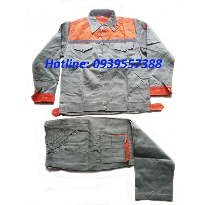 BỘ QUẦN ÁO BẢO HỘ LAO ĐỘNG , ĐỒNG PHỤC , TRANG PHỤ BẢO HỘ MÀU GHI PHỐI CAM