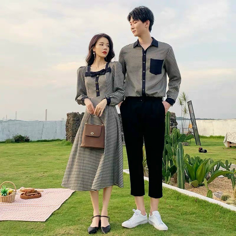 Đồ đôi -set cặp gồm áo sơ mi nam và đầm nữ vải đẹp chuẩn shop