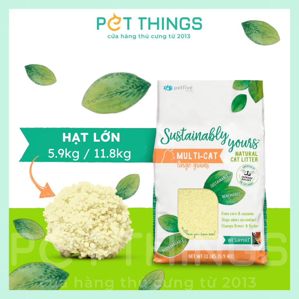 Cát Hữu Cơ cho mèo Petfive Sustainably Yours từ ngô bắp sắn hạt nhuyễn, nhập khẩu Mỹ, vón cục chắc, khử mùi tối đa