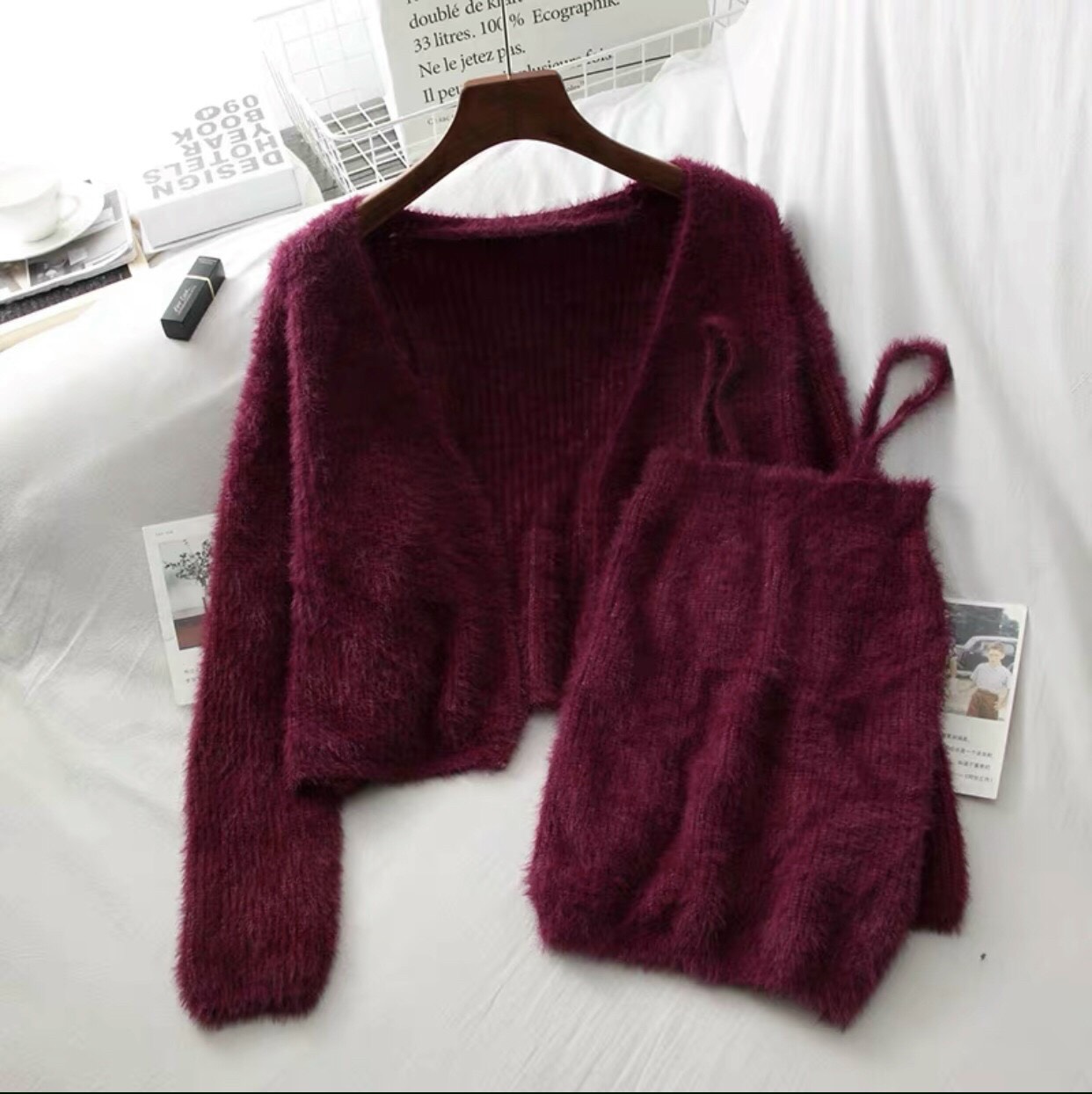 Set cardigan len lông áo 2 dây