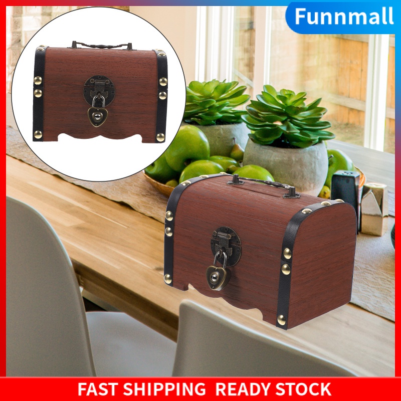 Funnmall Gỗ Piggy ngân hàng khóa hộp tiền có thể khóa kho báu gỗ kho báu hộp sức kho sức
