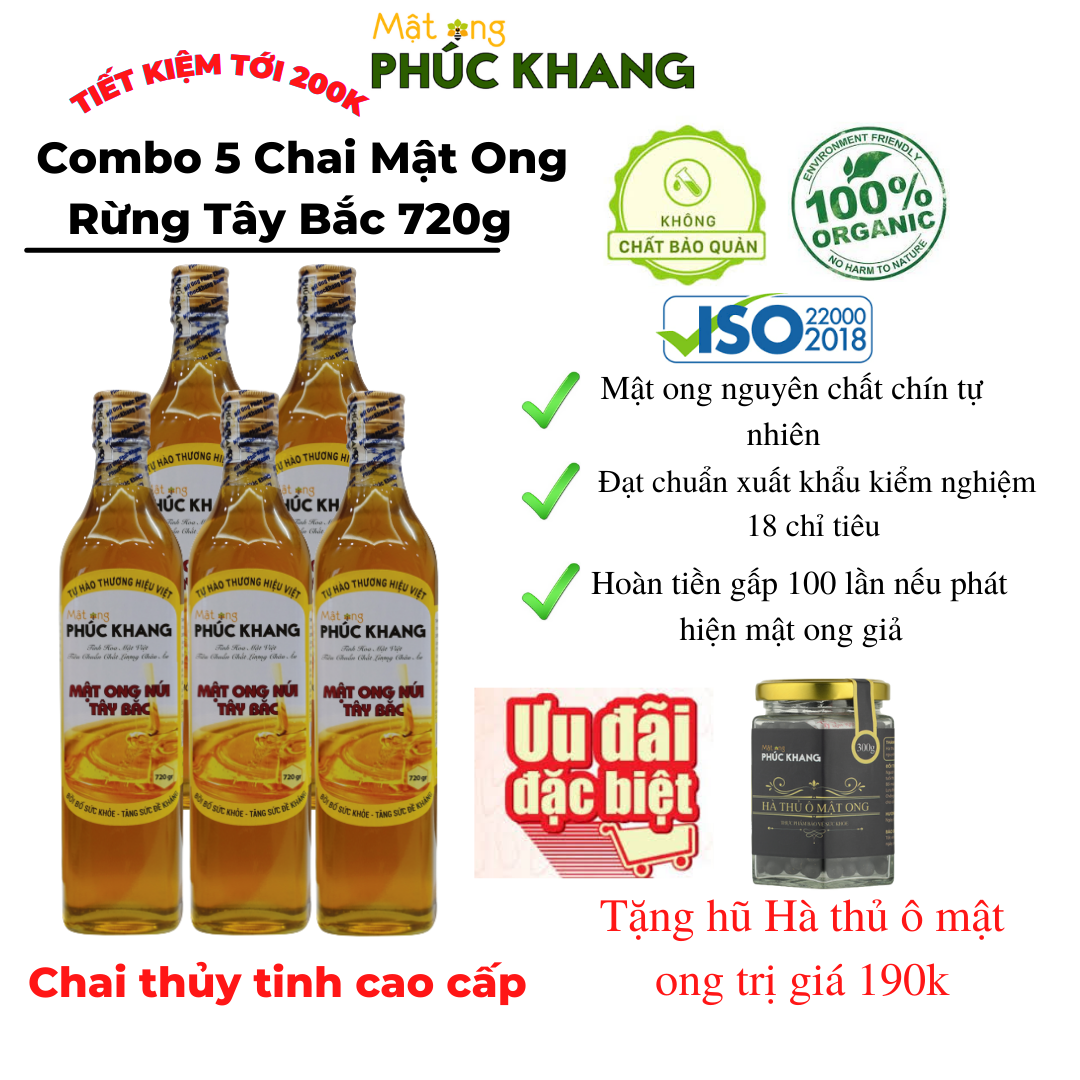 Mật ong rừng Tây Bắc Phúc Khang -Combo 5 chai 720g - Thu hoạch tự nhiên