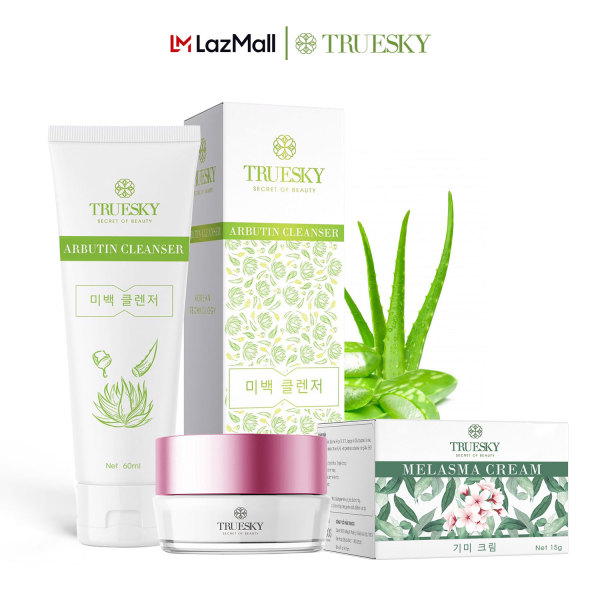 Bộ sản phẩm làm mờ nám da mặt Truesky V01 gồm 1 kem nám da Melasma Cream 15g và một sữa rửa mặt nha đam Arbutin Cleanser 60ml