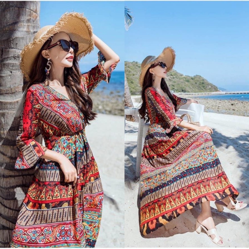 Đầm Maxi Thổ Cẩm Đi Biển Chất Lụa Mango Đẹp LH69