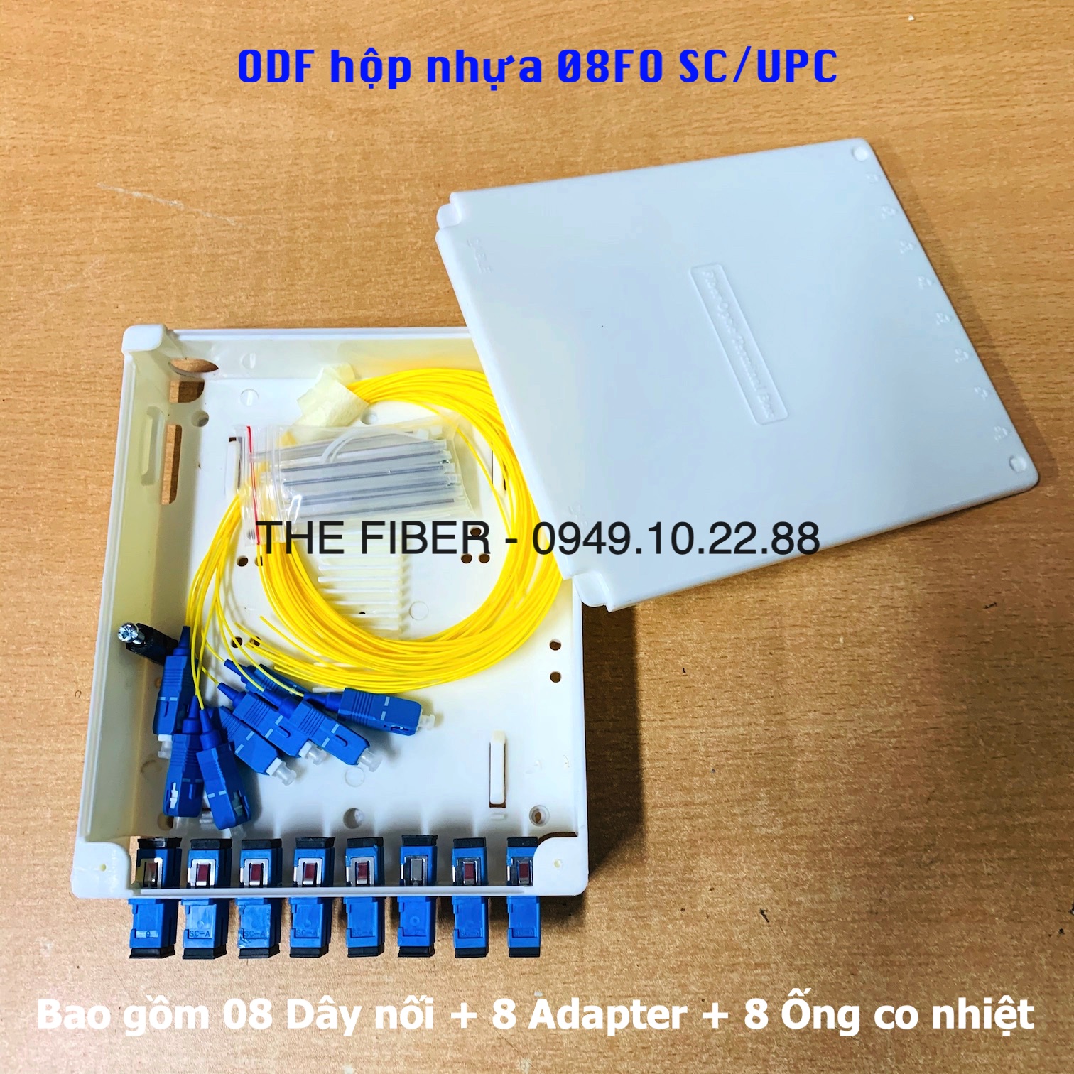 Hộp odf bằng nhựa 08fo sc-upc - đầy đủ phụ kiện: 08 adapter sc-upc+ 8 dây hàn quang + 8 ống co nhiệt - m2odf-scu4p