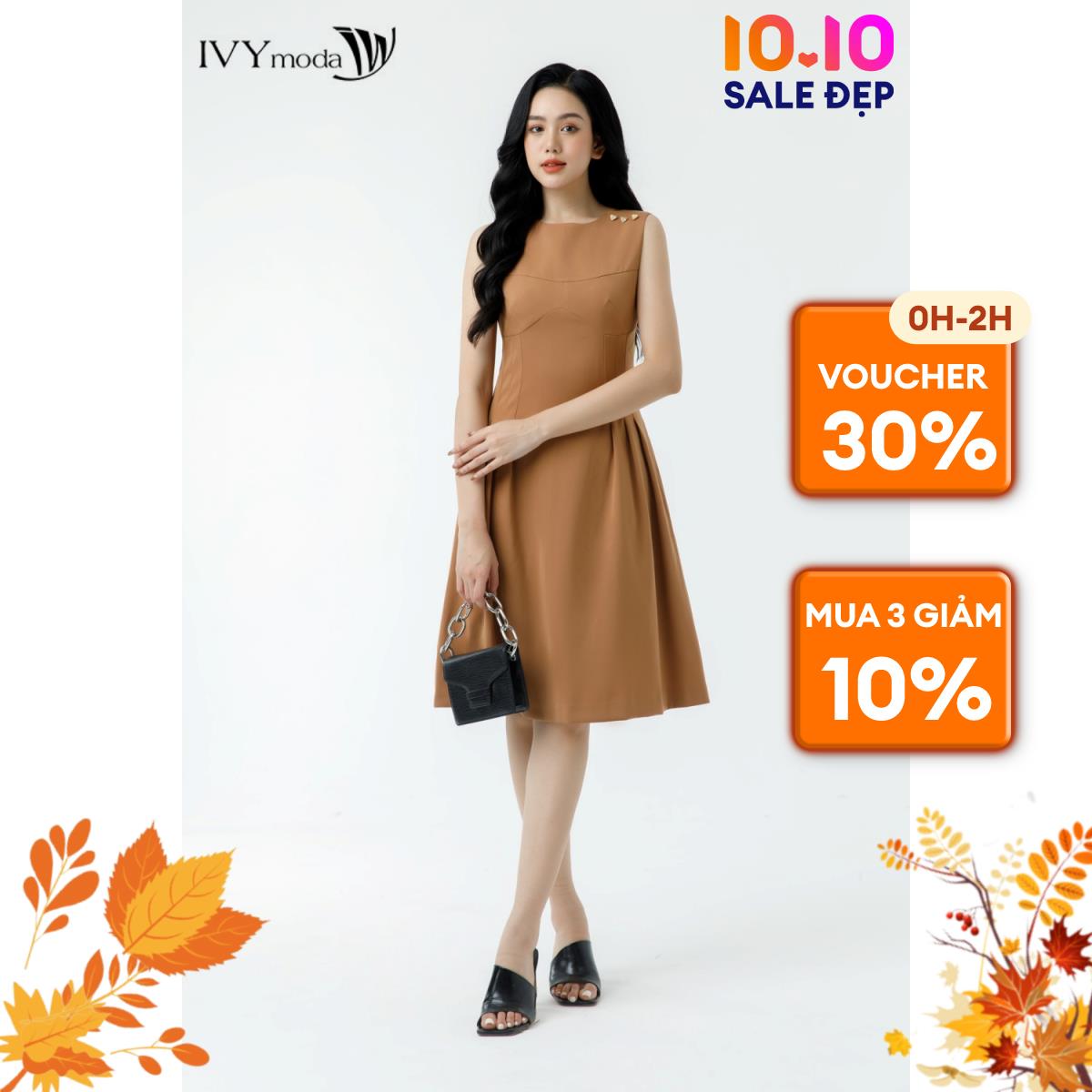 Đầm xòe vai phối phụ kiện IVY moda MS 41B9178