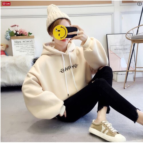 [Hoàn Tiền 15%] Áo hoodie nữ màu be in kí tự