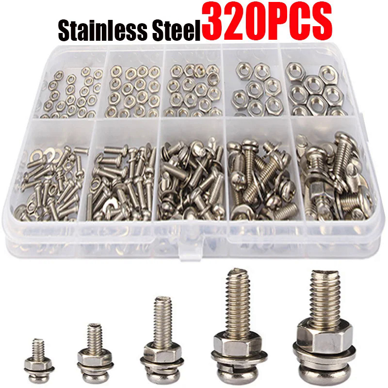 320pcs thép không gỉ ss304 ốc vít một đầu vít đai ốc bu lông bộ loại m2 m2.5 m3 m4 m5 metic nut và bu lông loại
