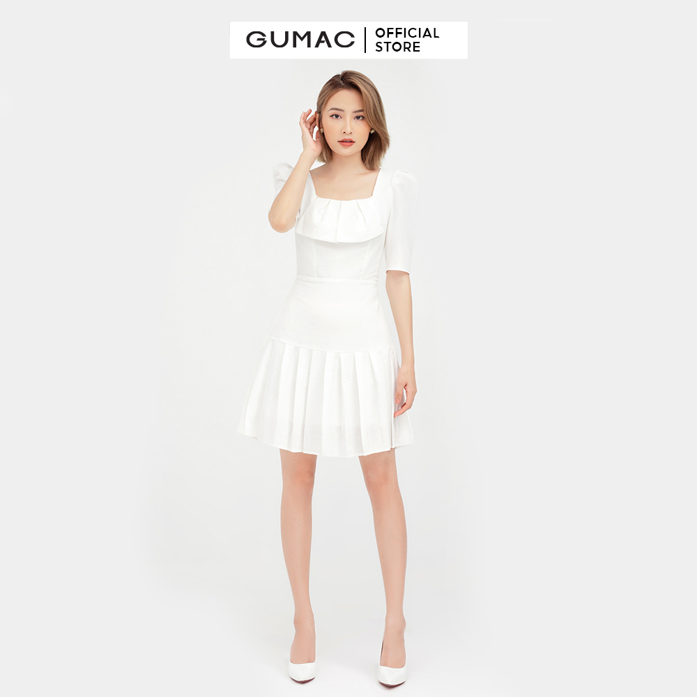 Đầm nữ cổ vuông dập ly GUMAC mẫu mới DB501 chất liệu Lainen Xước form hơi A style trẻ trung