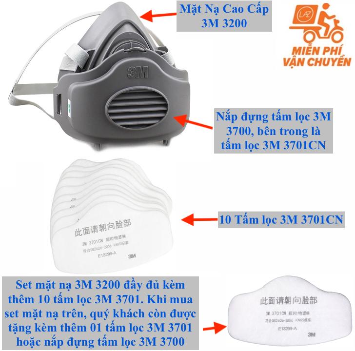 Set mặt nạ khẩu trang 3M 3200 kèm thêm 10 tấm lọc 3M 3701CN tiêu chuẩn KF80, KF94, KF 99, KN 95 có tác dụng chống các loại bụi trong không khí gây hại cho sức khoẻ như bụi mịn PM2.5, sự lọc chống bụi siêu mịn đạt chỉ số rất cao