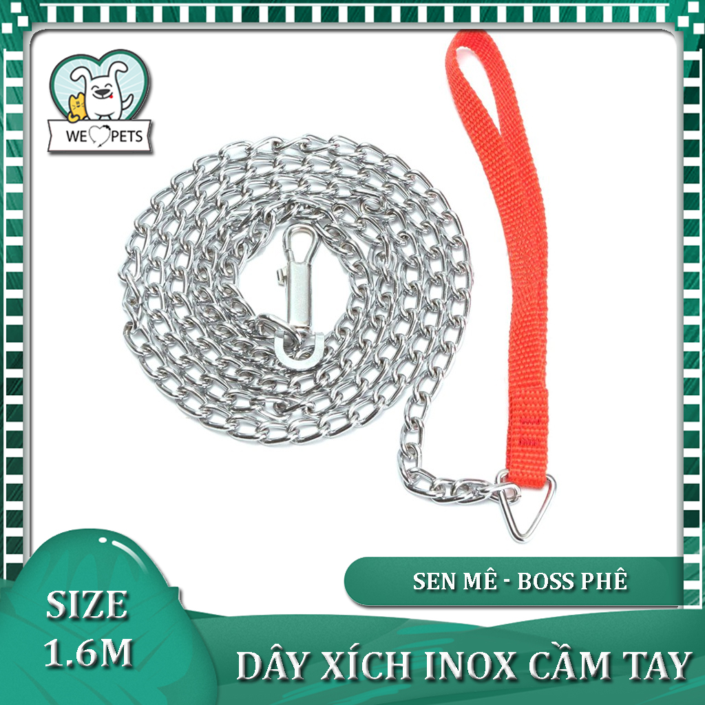 HN- DÂY DẮT CHÓ - DÂY XÍCH CHÓ INOX dắt cún đi dạo có tay cầm màu đỏ 1.6m - Long Vũ Pet Food