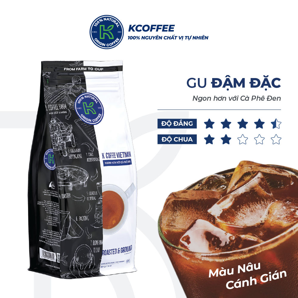 [MUA 3 TẶNG 1] Cà Phê Rang Xay Nguyên Chất K Coffee Vietnam 454g (10% Arabica và 90% Robusta) - Thương Hiệu K COFFEE