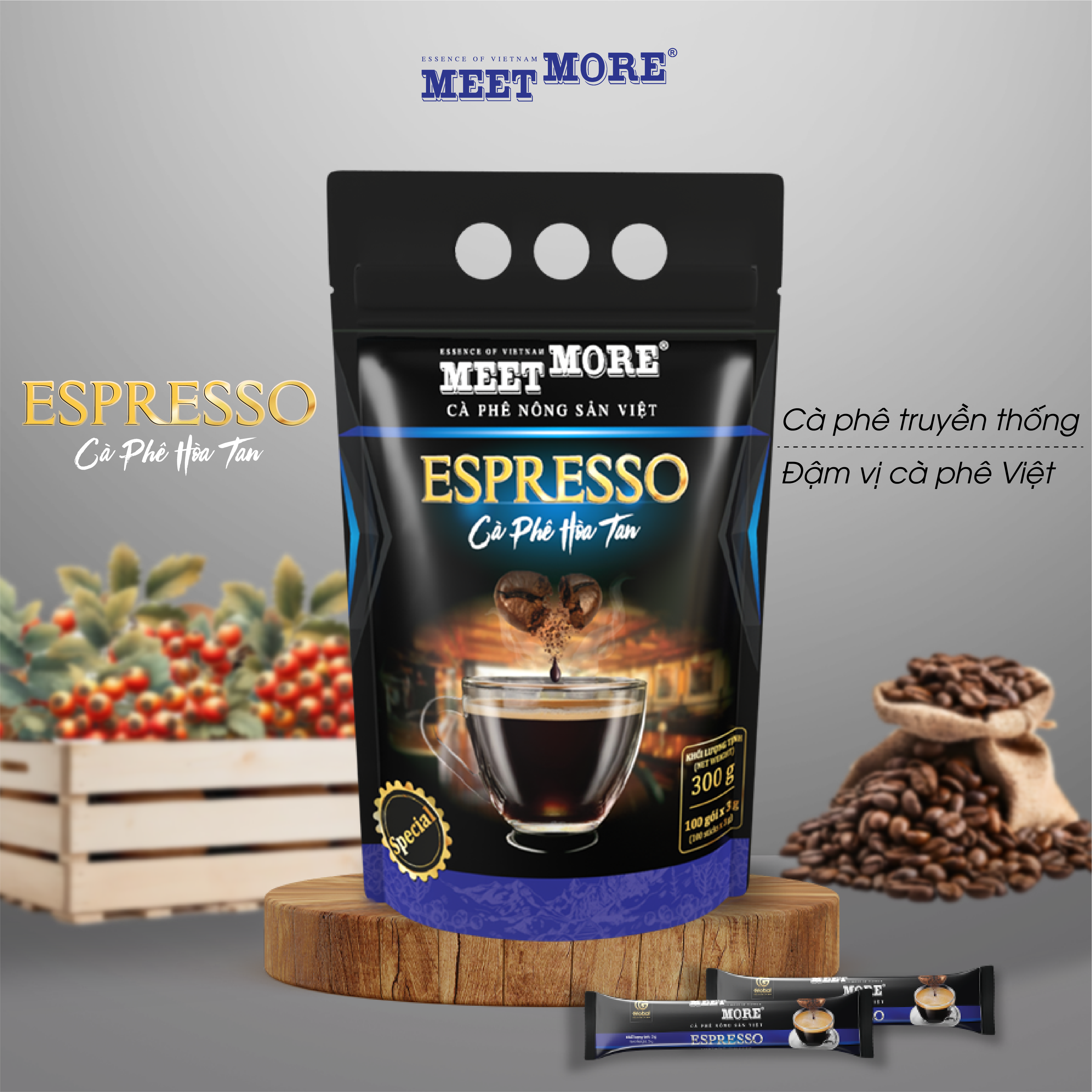 Bịch Cà Phê Hòa Tan Espresso Meet More (100 Gói/3Gram) - Cà Phê Truyền Thống