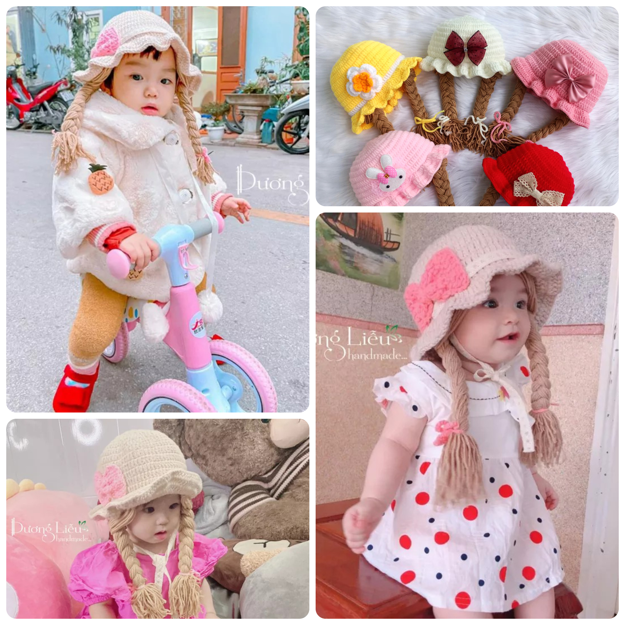 Nón Len Có Hai Bím Tóc Giả Cho Bé (Nón Bím Tóc Handmade)