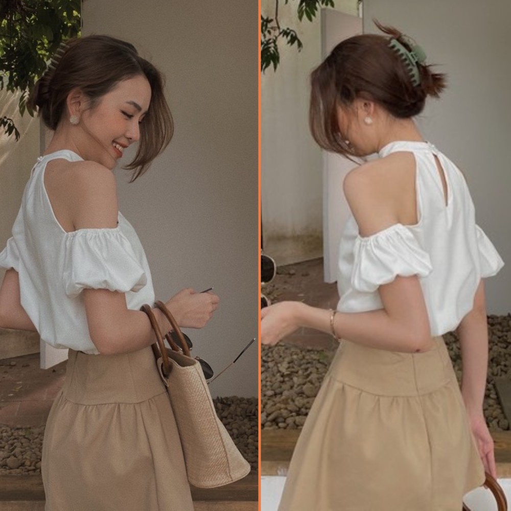 Set áo hở vai cổ yếm tay bồng Linly Store