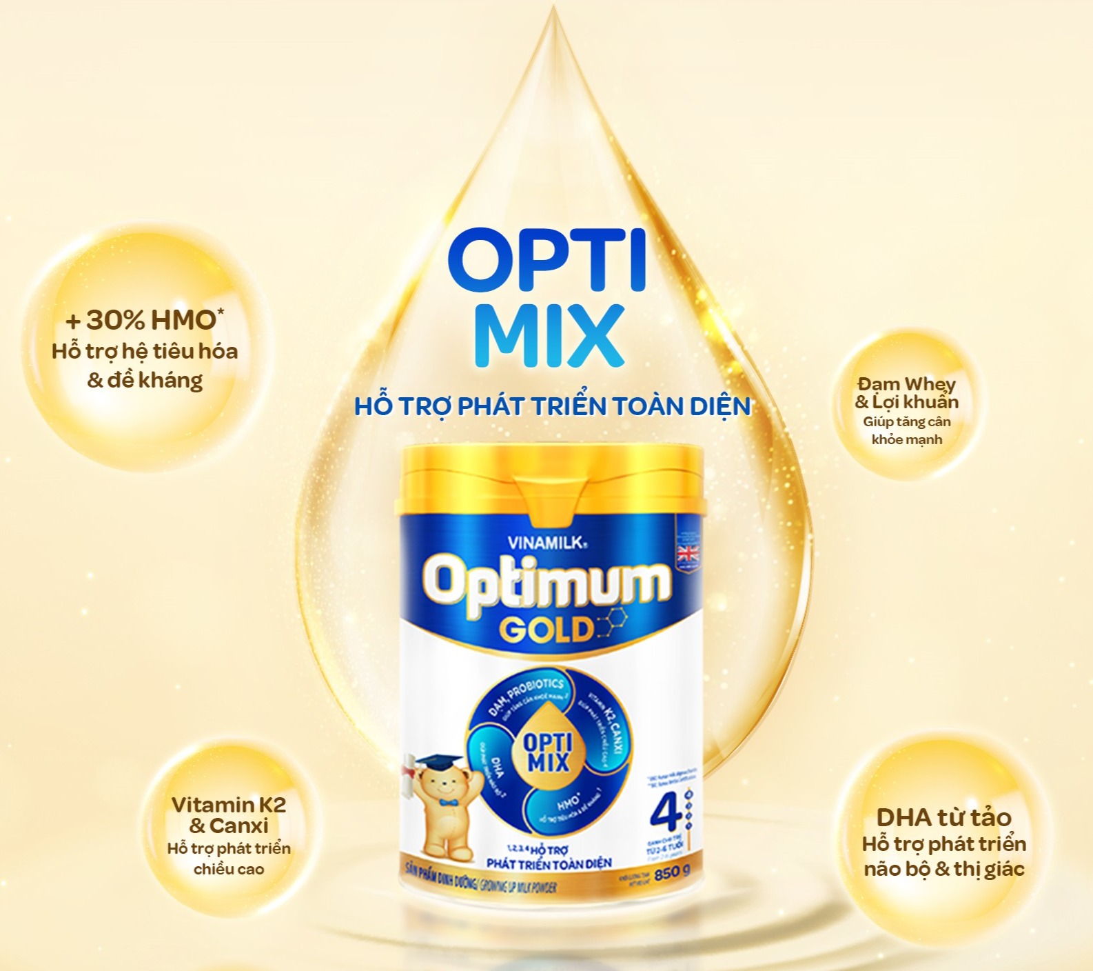 Sữa bột Vinamilk Optimum Gold 4-Hộp thiếc 850g (cho trẻ từ 2- 6 tuổi) - Sữa công thức giúp Tăng cân, chiều cao, tiêu hóa, phát triển não bộ