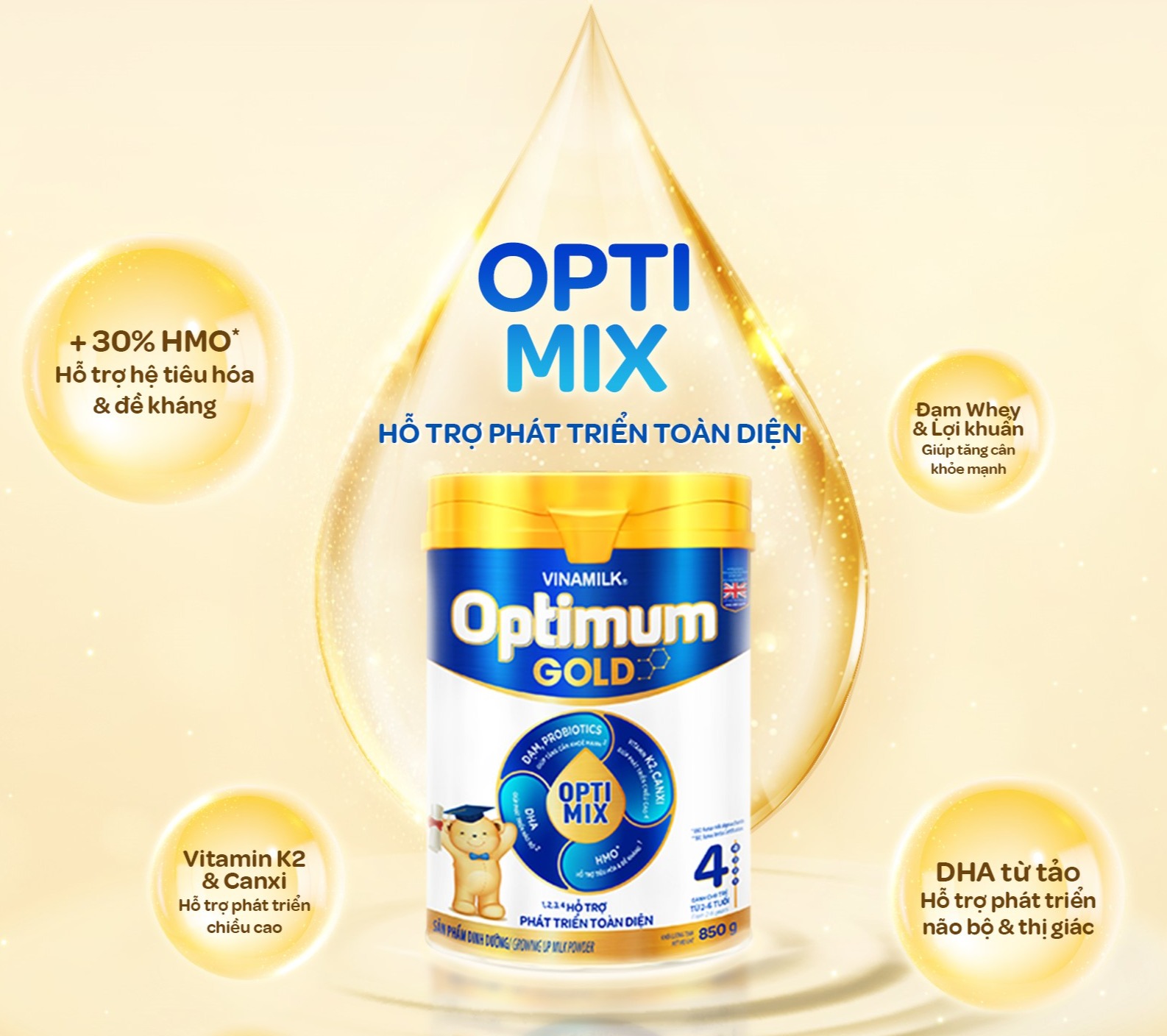 Sữa bột Vinamilk Optimum Gold 4-Hộp thiếc 850g - Sữa công thức giúp Tăng cân, chiều cao, tiêu hóa, phát triển não bộ