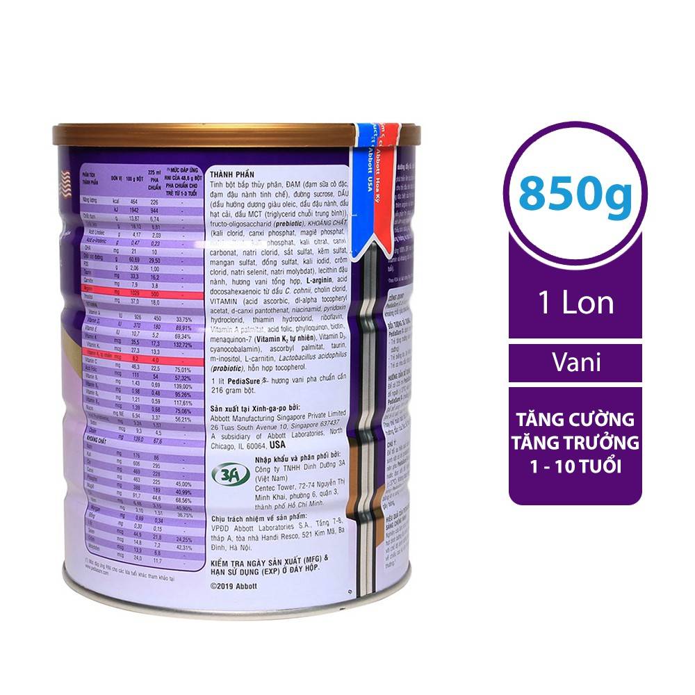 [KHÔNG MÓP] Sữa bột Pediasure 850g