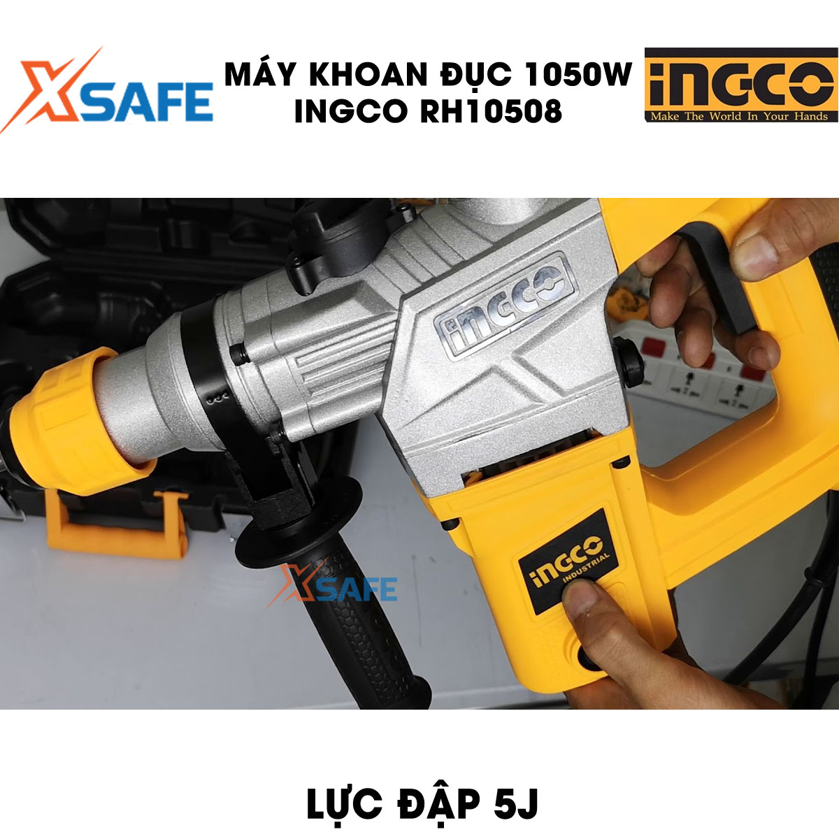 Máy khoan búa cầm tay 3 chức năng 1050w Ingco RH10508 đầu khoan gài sds, tốc độ 900rpm; tốc độ đập 4000bpm, lực đập 5j, khả năng khoan bê tông 28 mm, đục 14mm, thép 13mm, kèm 3 mũi khoan gài, 2 mũi đục Máy khoan đ